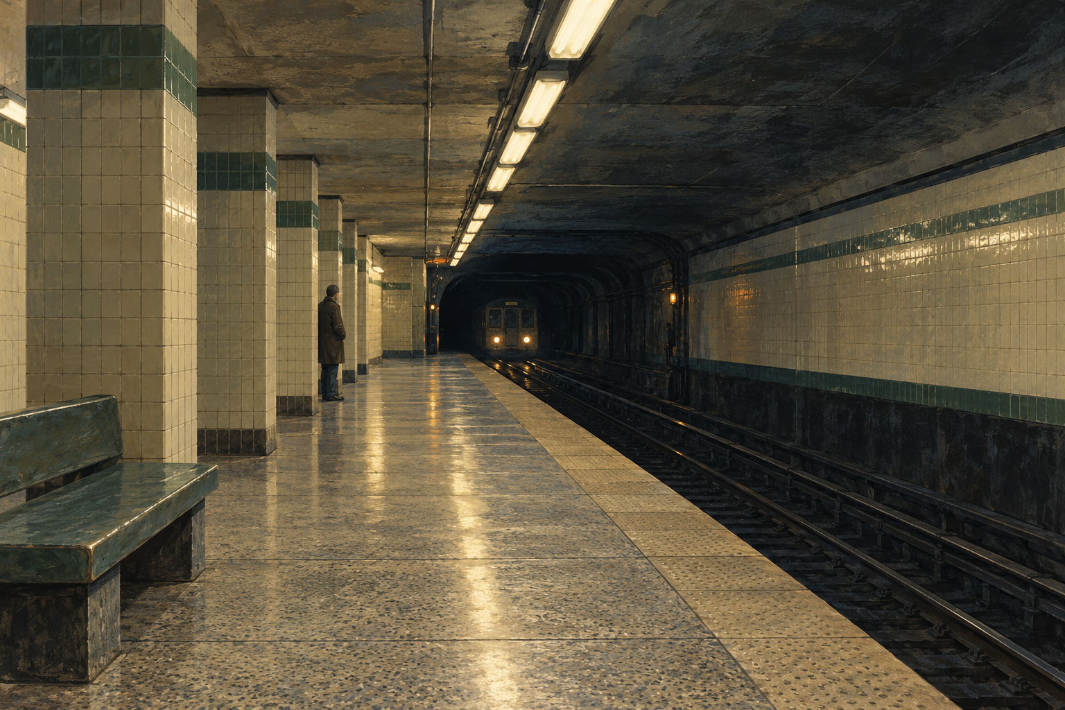 Editorial illustration of an imagined Toronto subway platform circa 1980, with tiled pillars, a waiting passenger and a train approaching from the tunnel.