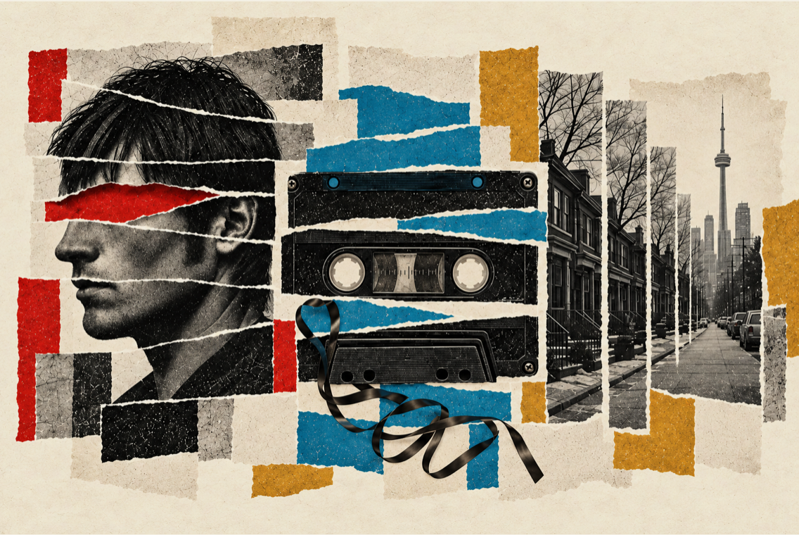 Torn-paper collage combining a young man’s portrait, cassette tapes and a Toronto street with the CN Tower, reflecting Meeks and The Ranleigh Tapes.